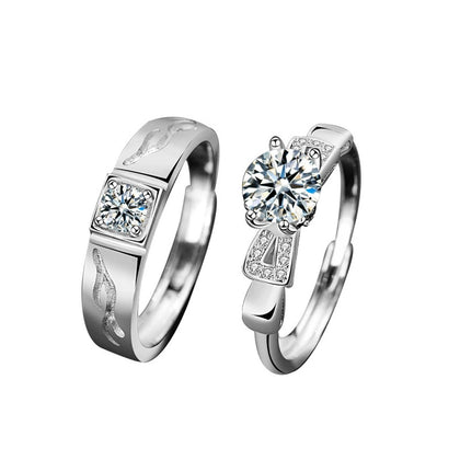 Couples Round Moissanite Wedding Rings with CZ in white gold-plated S925 sterling silver on clean white background
