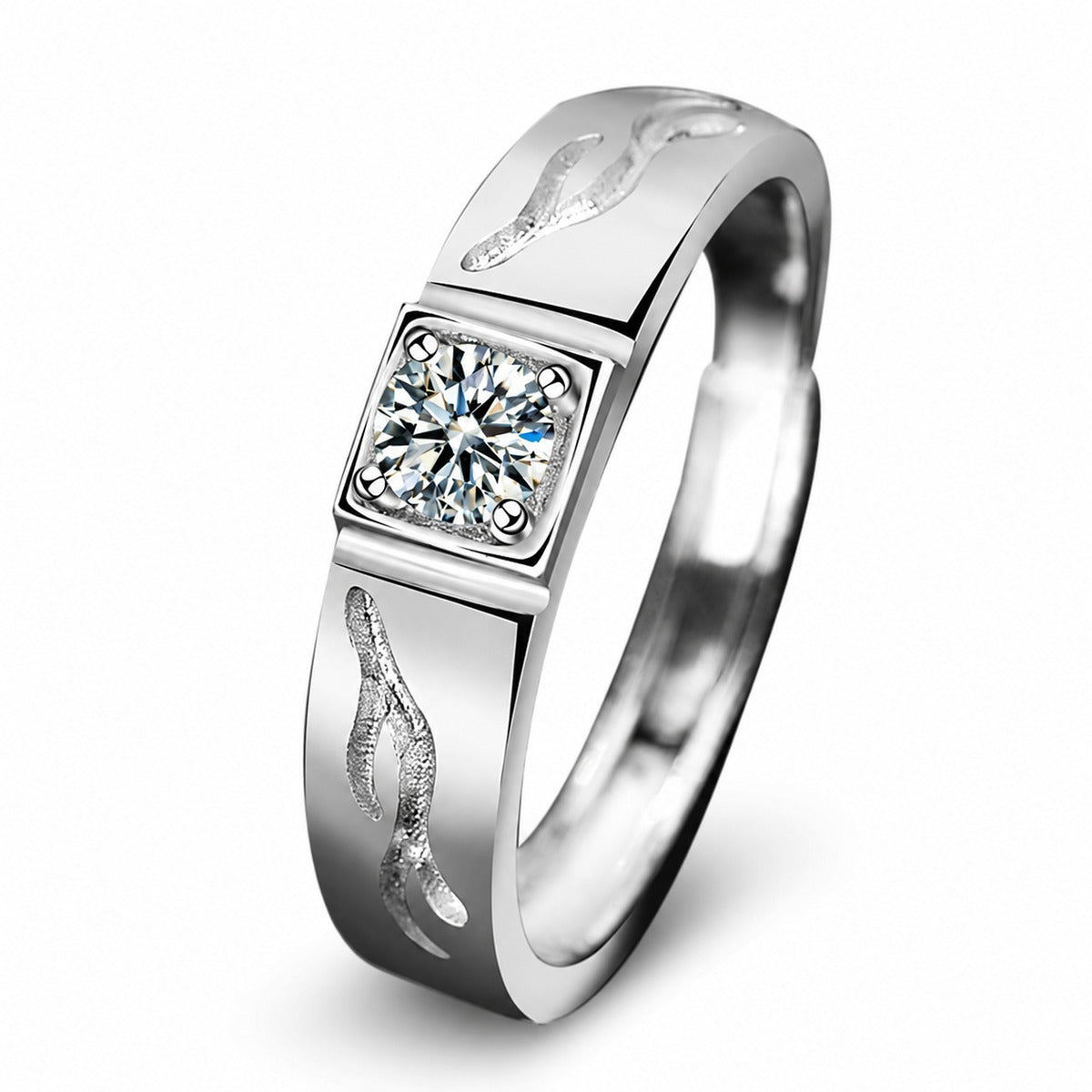 Couples Round Moissanite Wedding Rings with CZ in white gold-plated S925 sterling silver on clean white background