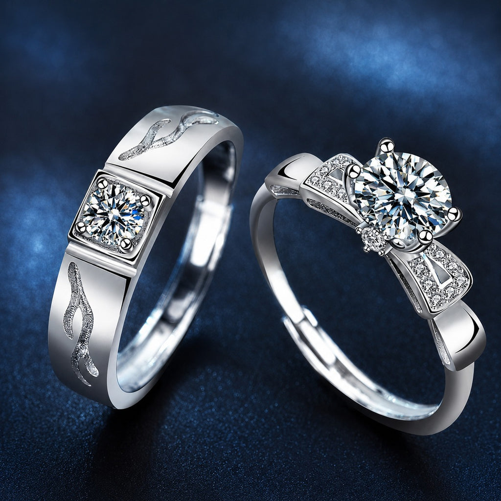 Couples Round Moissanite Wedding Rings with CZ close-up detail view with moissanite sparkle