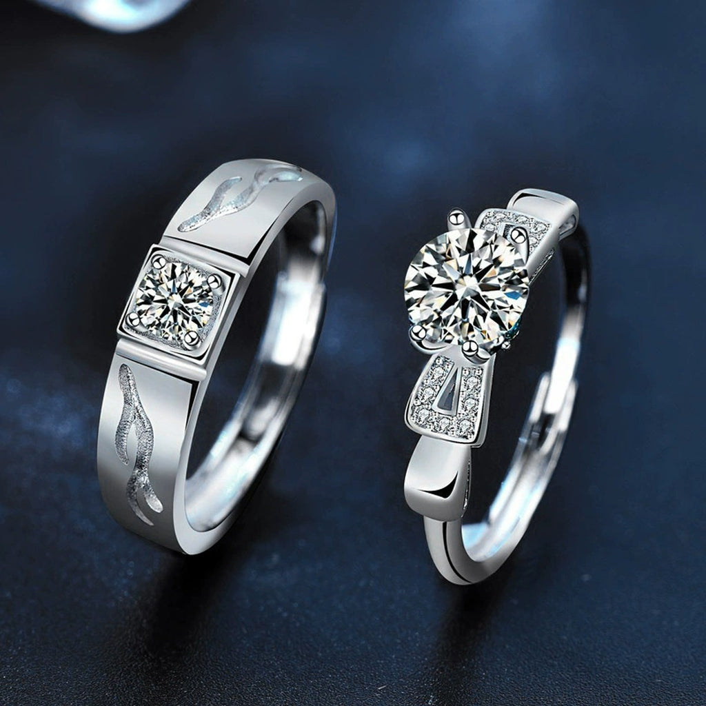 Couples Round Moissanite Wedding Rings with CZ close-up detail view with moissanite sparkle