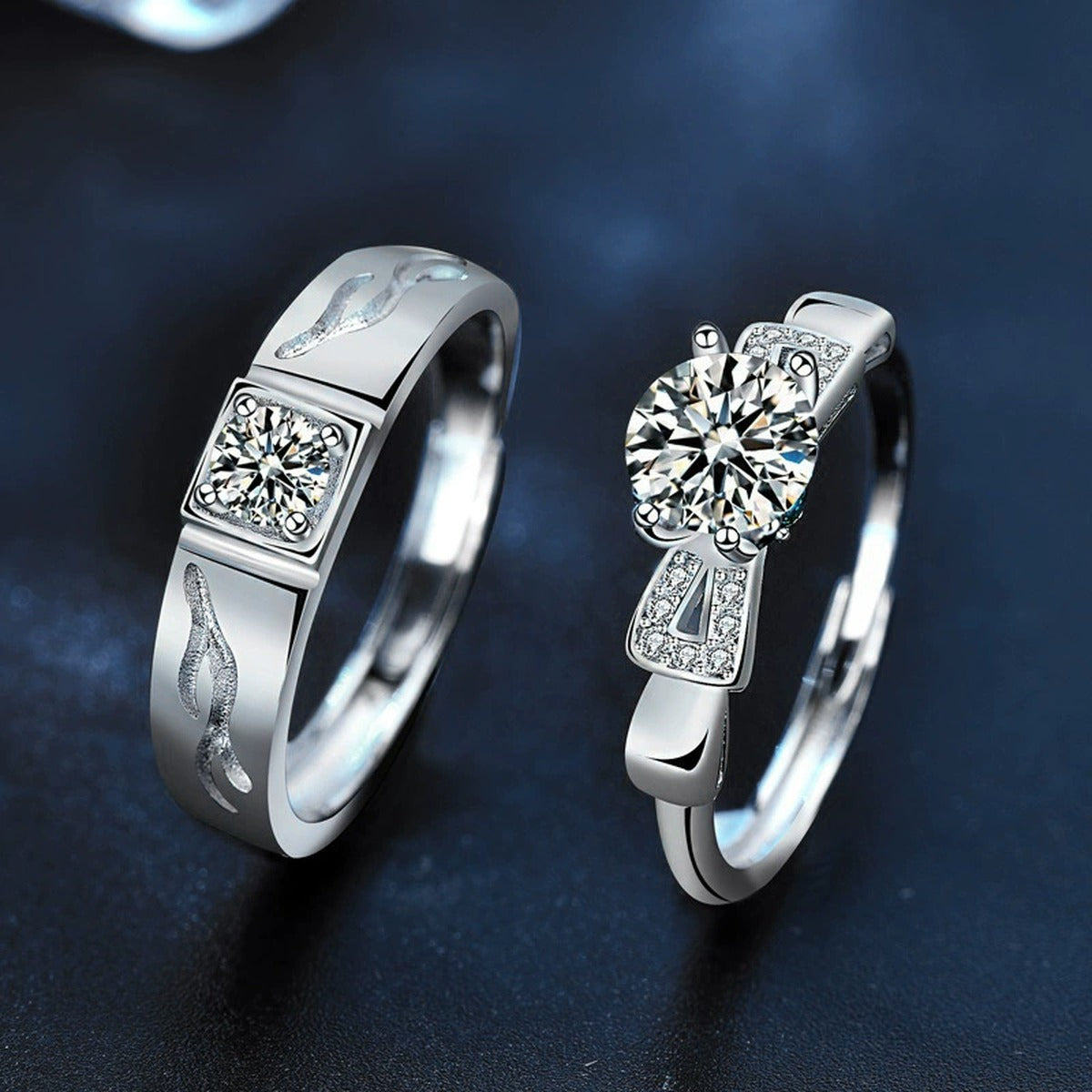 Couples Round Moissanite Wedding Rings with CZ close-up detail view with moissanite sparkle
