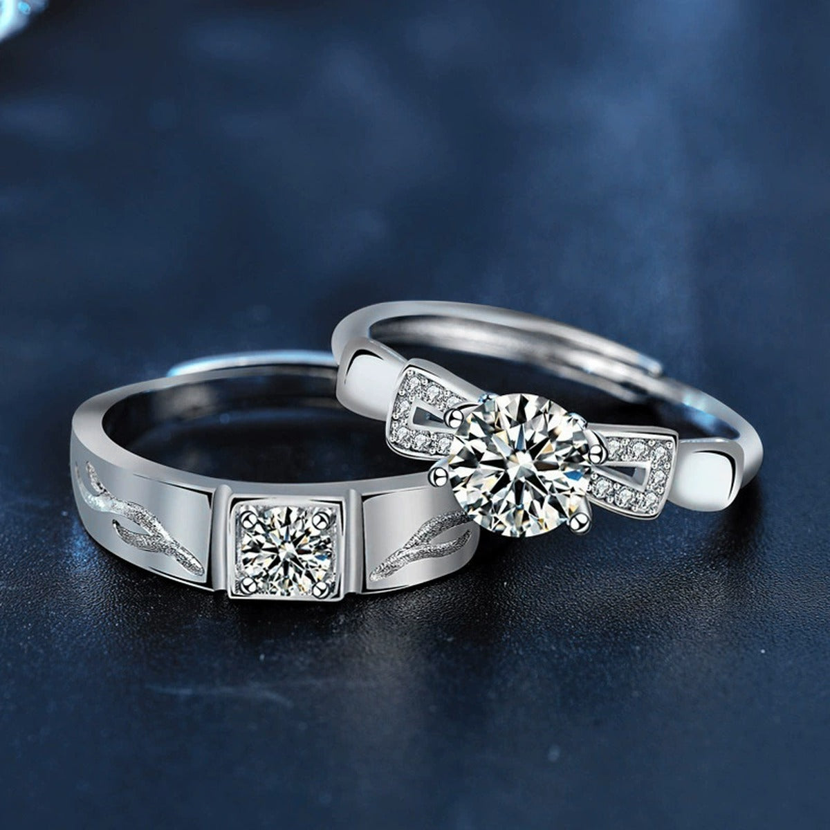 Couples Round Moissanite Wedding Rings with CZ close-up detail view with moissanite sparkle