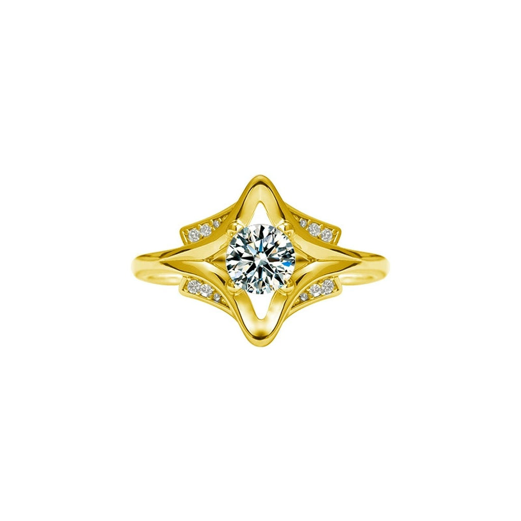 Starburst Round Moissanite Adjustable Engagement Ring with CZ in gold-plated S925 sterling silver on clean white background