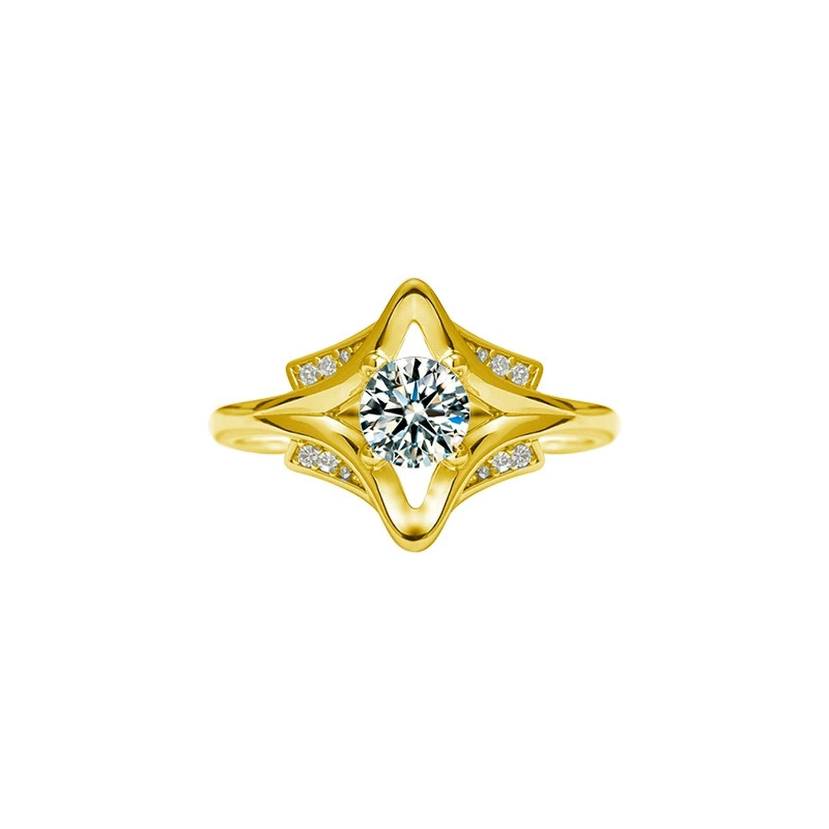 Starburst Round Moissanite Adjustable Engagement Ring with CZ in gold-plated S925 sterling silver on clean white background