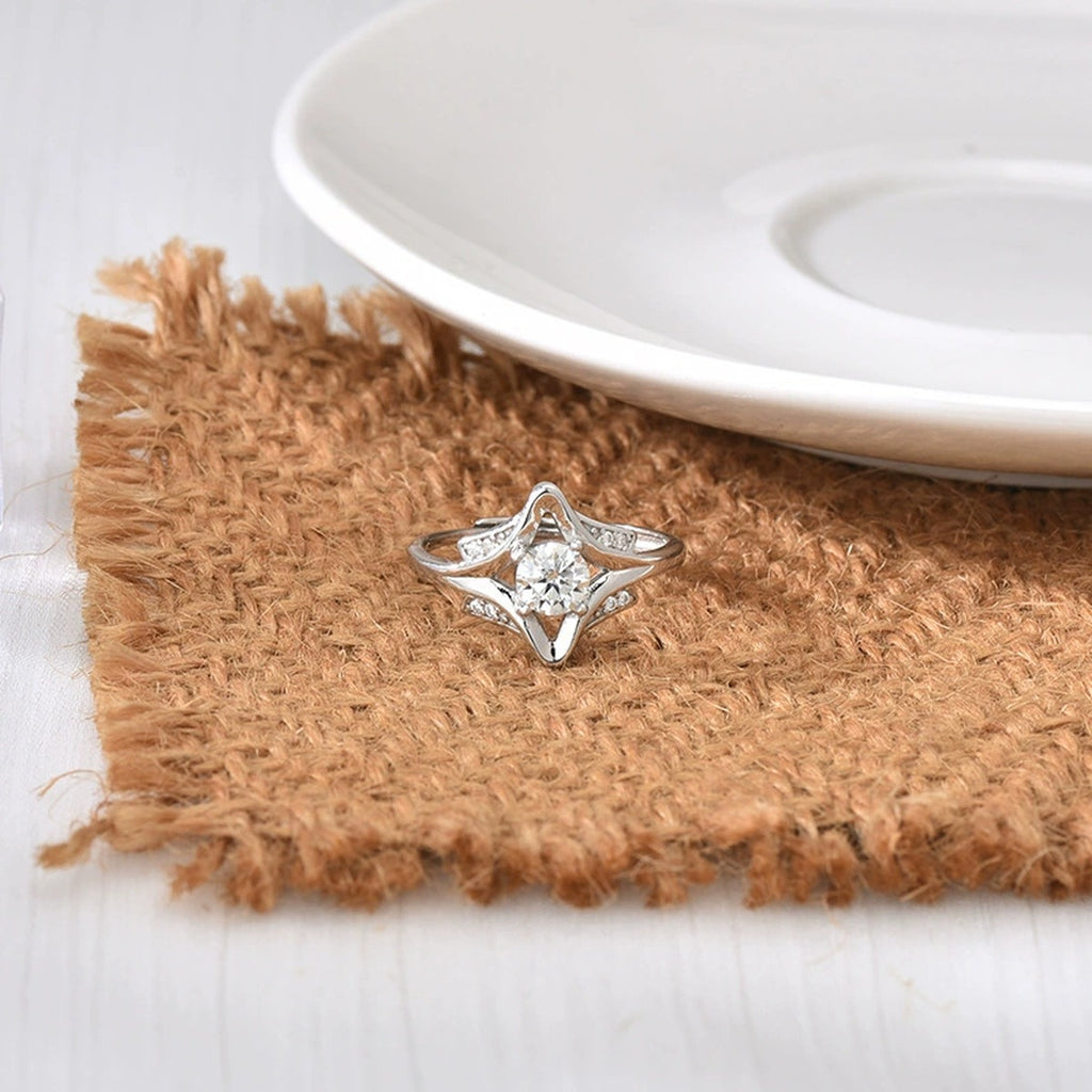 Starburst Round Moissanite Adjustable Engagement Ring with CZ detailed product photo showing ring shape and stone setting
