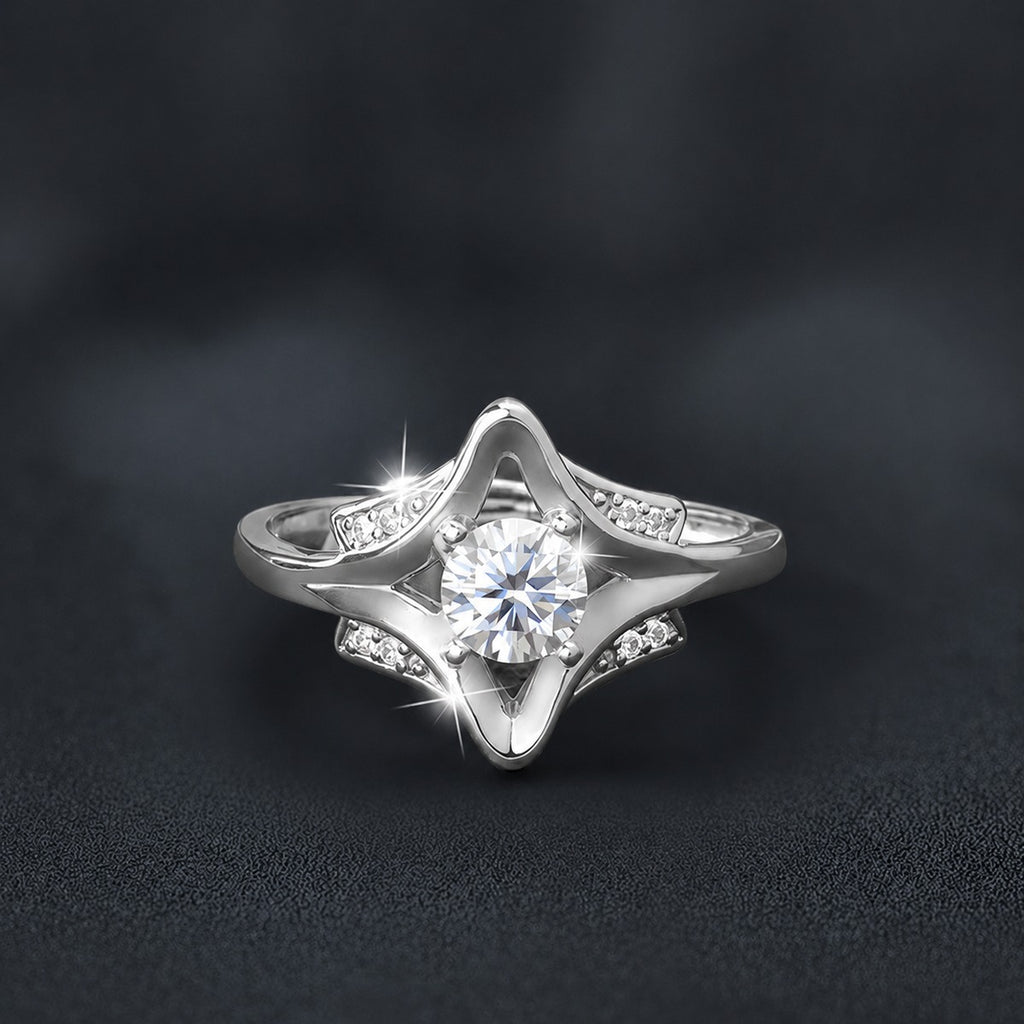 Starburst Round Moissanite Adjustable Engagement Ring with CZ close-up detail view with moissanite sparkle