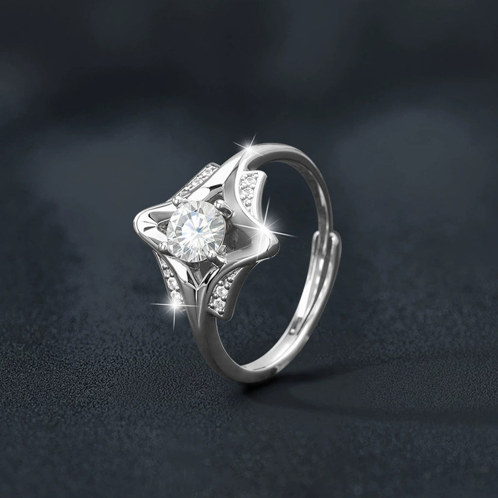 Starburst Round Moissanite Adjustable Engagement Ring with CZ close-up detail view with moissanite sparkle