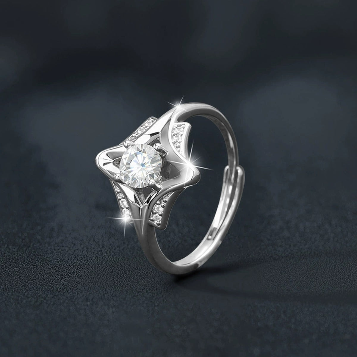 Starburst Round Moissanite Adjustable Engagement Ring with CZ close-up detail view with moissanite sparkle