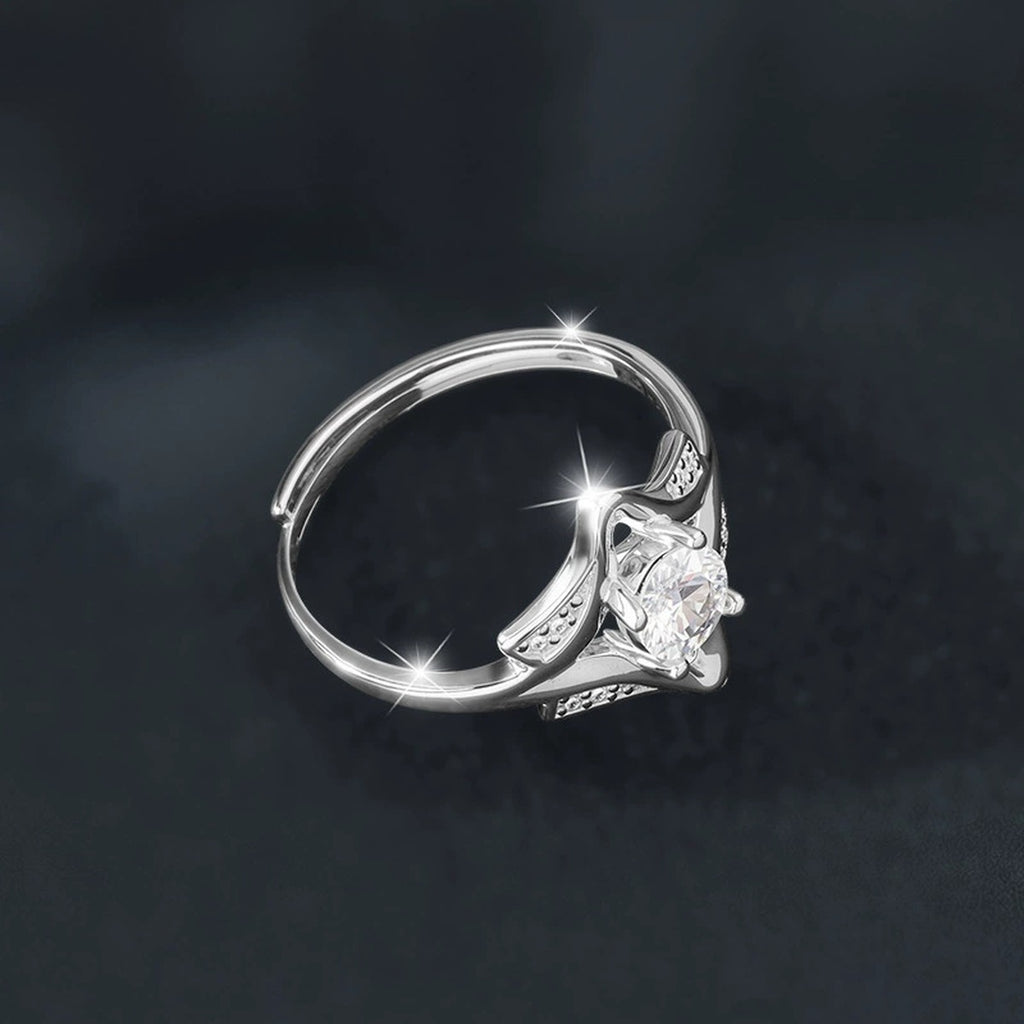 Starburst Round Moissanite Adjustable Engagement Ring with CZ close-up detail view with moissanite sparkle