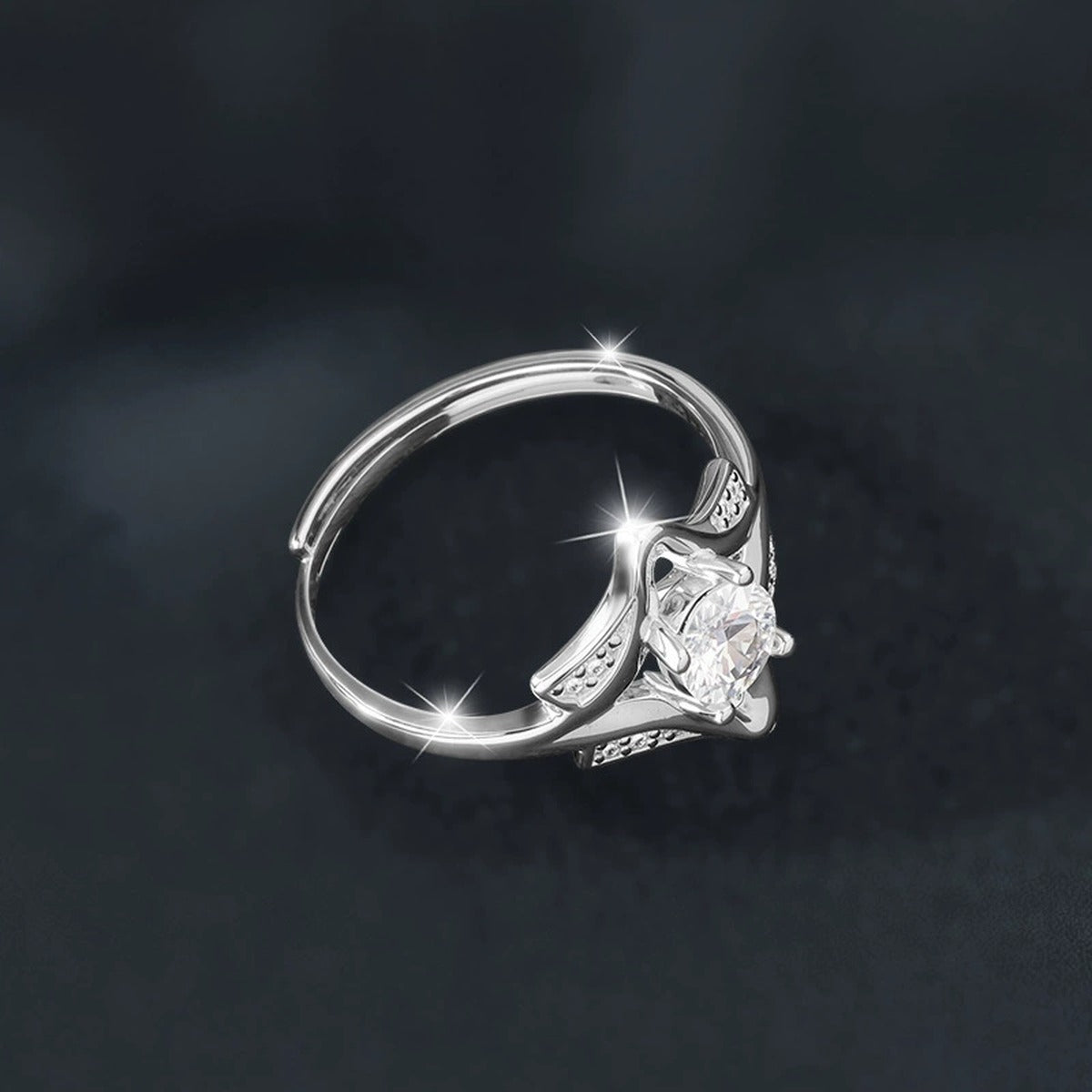 Starburst Round Moissanite Adjustable Engagement Ring with CZ close-up detail view with moissanite sparkle