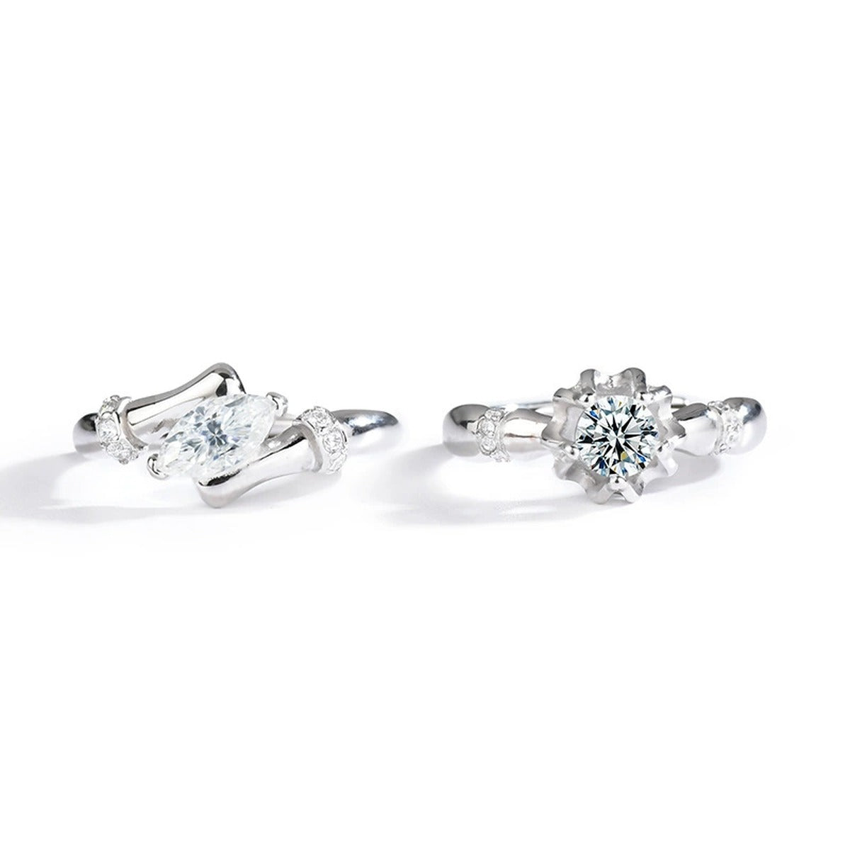 Marquise and Round Moissanite Couples Wedding Rings in Mixed Gold-Plated S925 Sterling Silver in gold-plated S925 sterling silver on clean white background