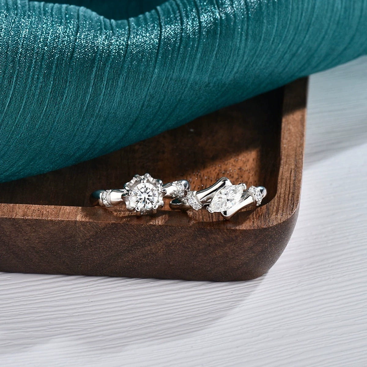 Marquise and Round Moissanite Couples Wedding Rings in Mixed Gold-Plated S925 Sterling Silver close-up detail view with moissanite sparkle
