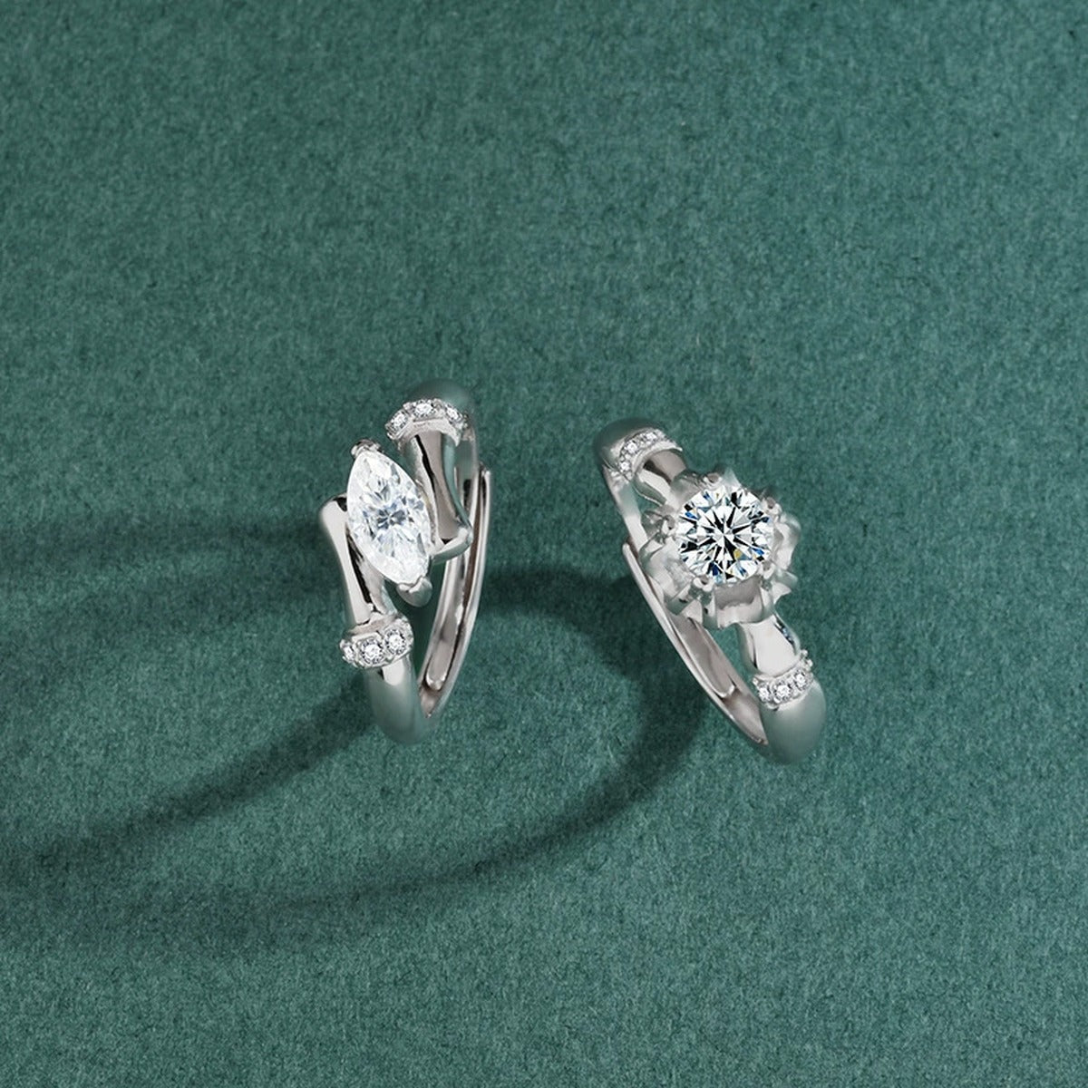 Marquise and Round Moissanite Couples Wedding Rings in Mixed Gold-Plated S925 Sterling Silver close-up detail view with moissanite sparkle