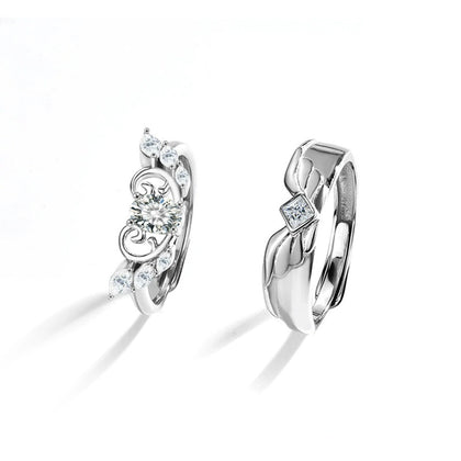 Angel Wing Couples Moissanite Wedding Rings in gold-plated S925 sterling silver on clean white background