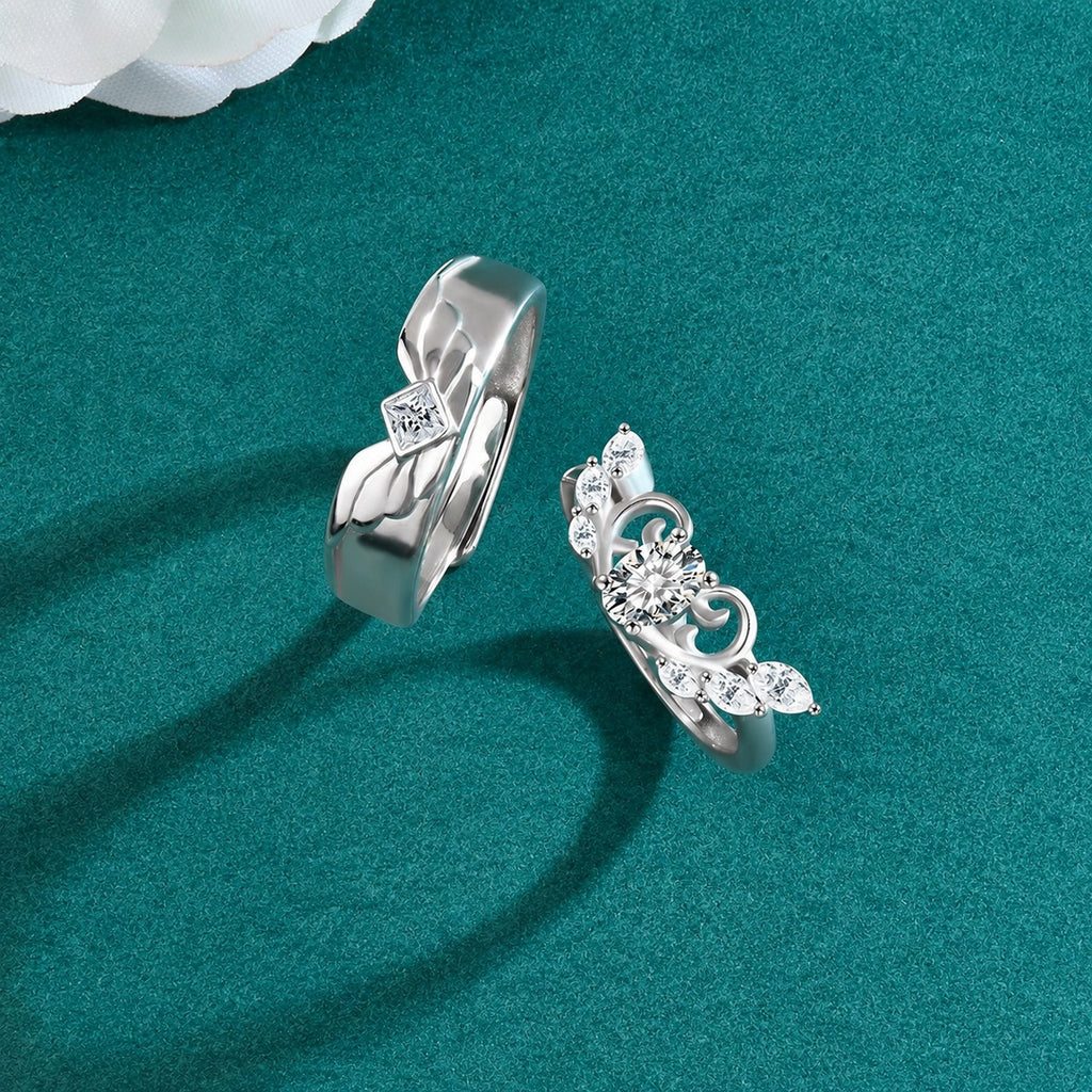 Angel Wing Couples Moissanite Wedding Rings close-up detail view with moissanite sparkle