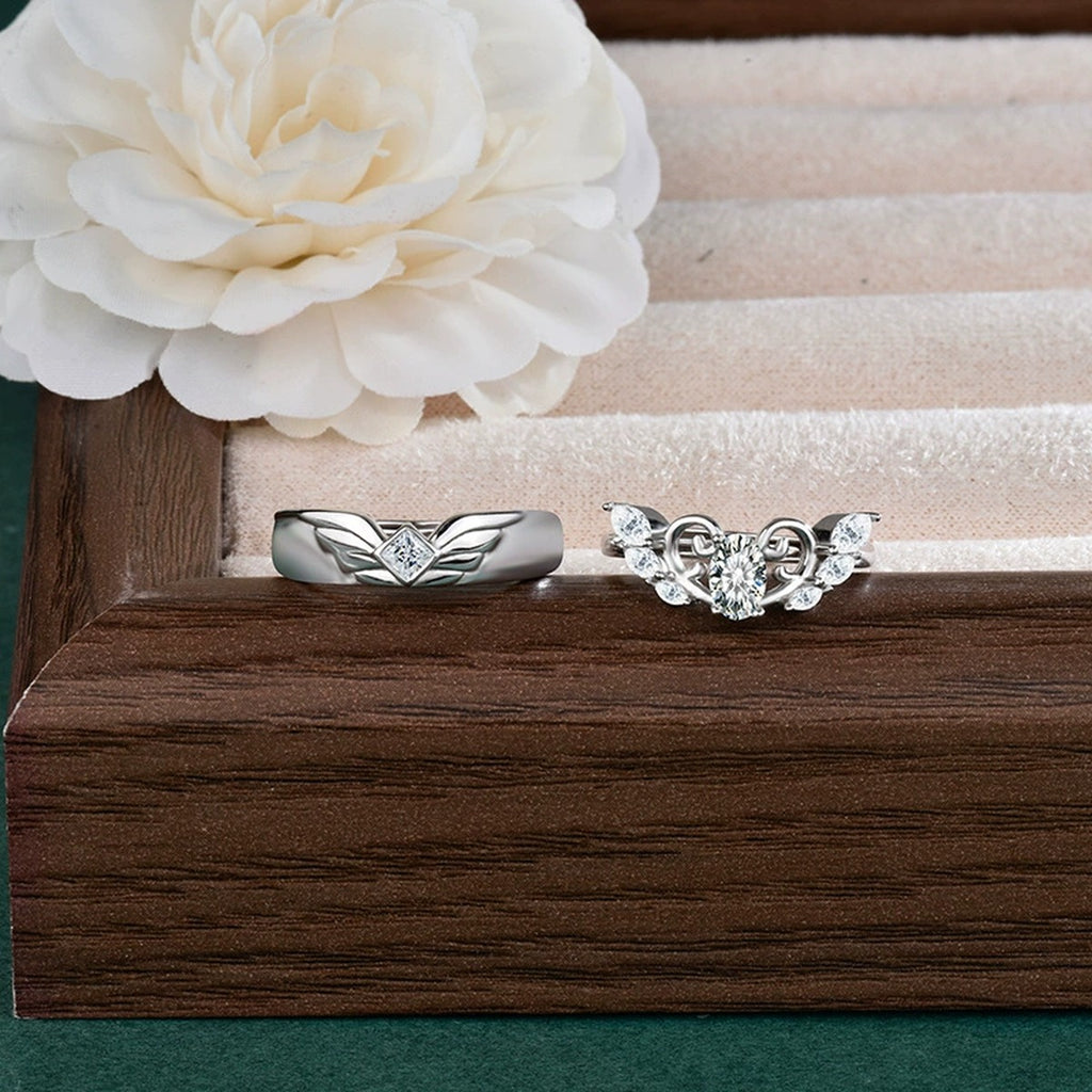 Angel Wing Couples Moissanite Wedding Rings detailed product photo showing ring shape and stone setting