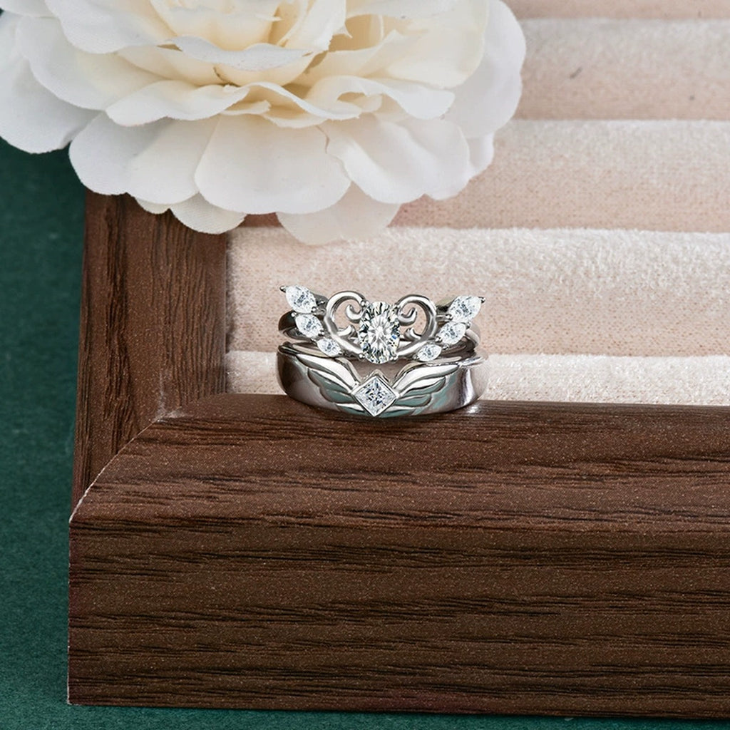 Angel Wing Couples Moissanite Wedding Rings detailed product photo showing ring shape and stone setting