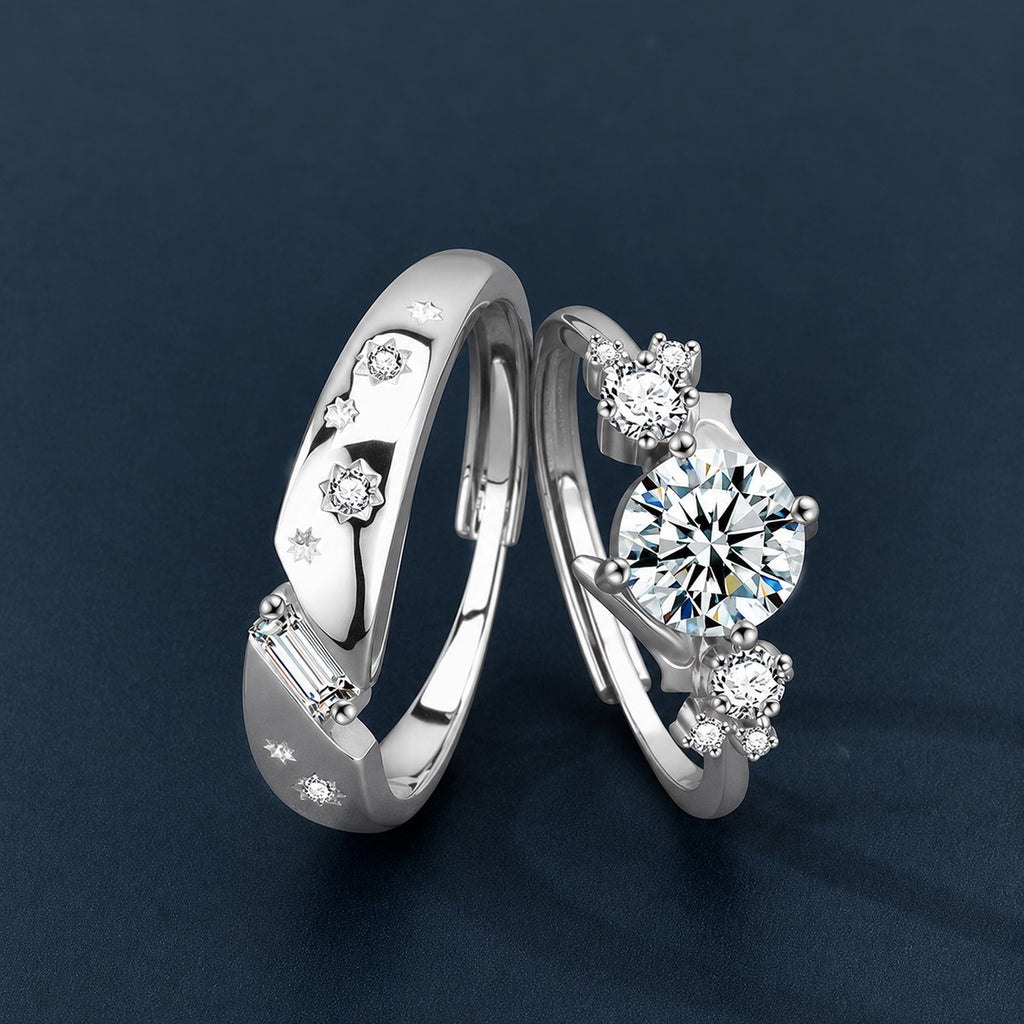 Inlaid Star Couples Moissanite Wedding Rings close-up detail view with moissanite sparkle