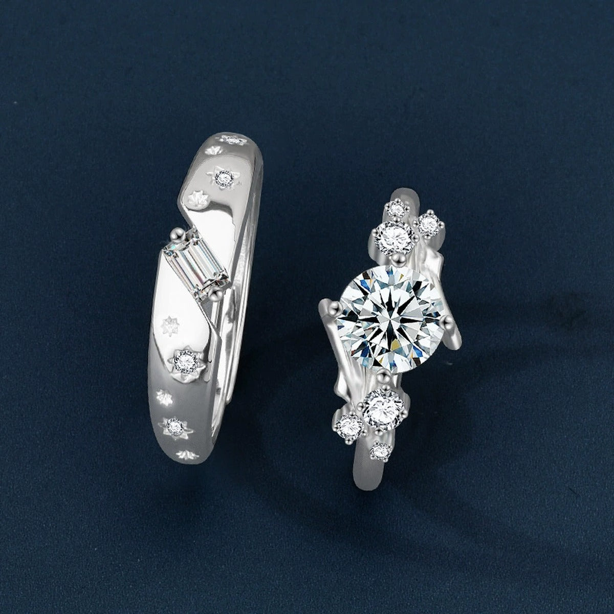 Inlaid Star Couples Moissanite Wedding Rings close-up detail view with moissanite sparkle