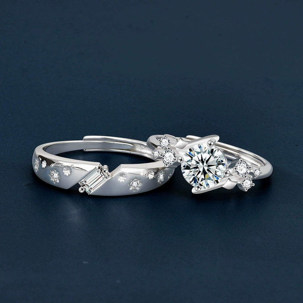 Inlaid Star Couples Moissanite Wedding Rings close-up detail view with moissanite sparkle