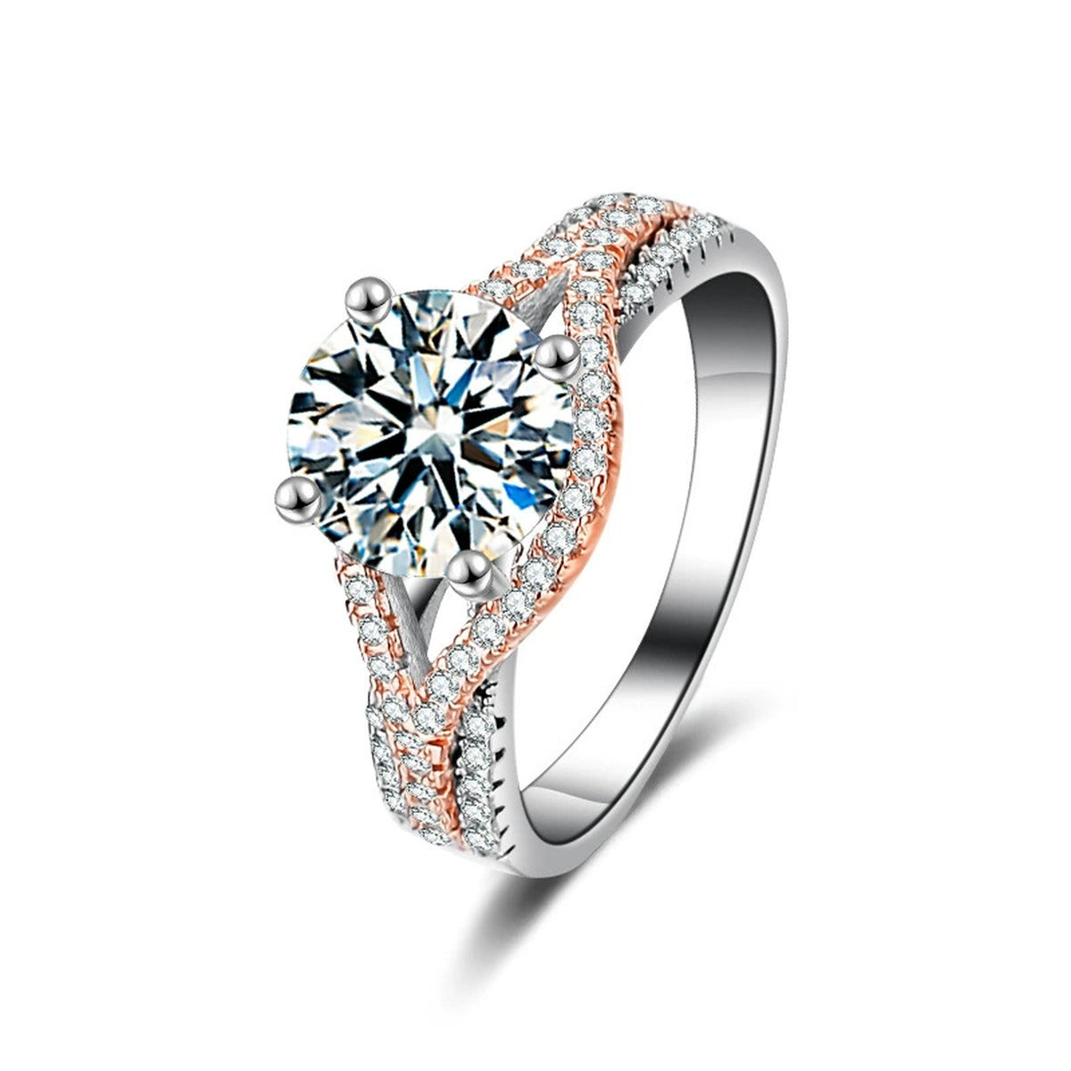 Four-Prong Round Moissanite Engagement Ring with CZ in white gold-plated S925 sterling silver on clean white background