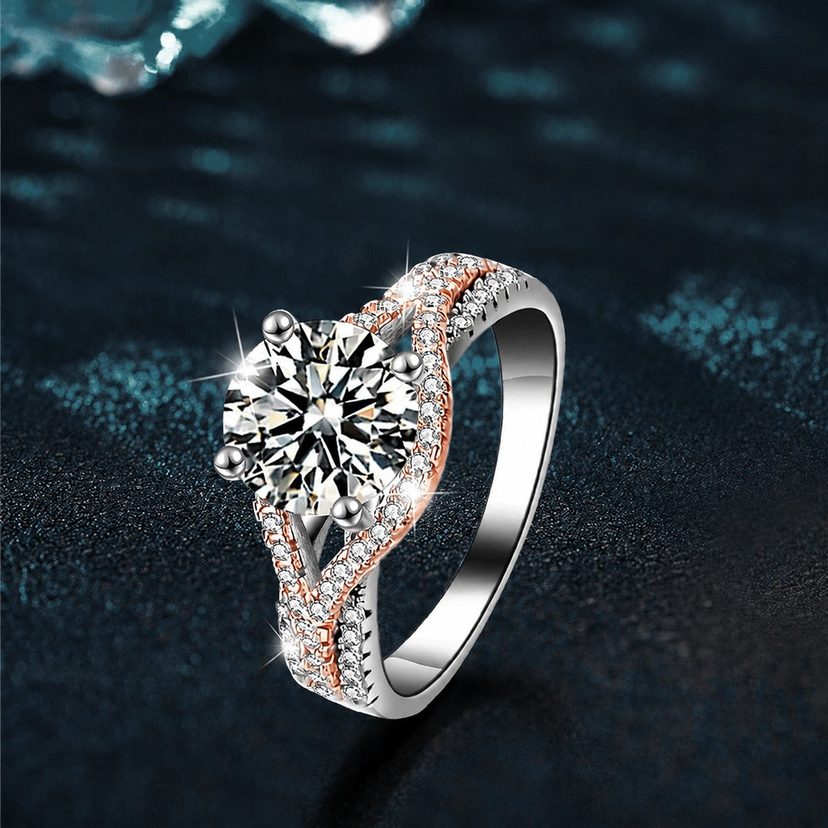 Four-Prong Round Moissanite Engagement Ring with CZ close-up detail view with moissanite sparkle