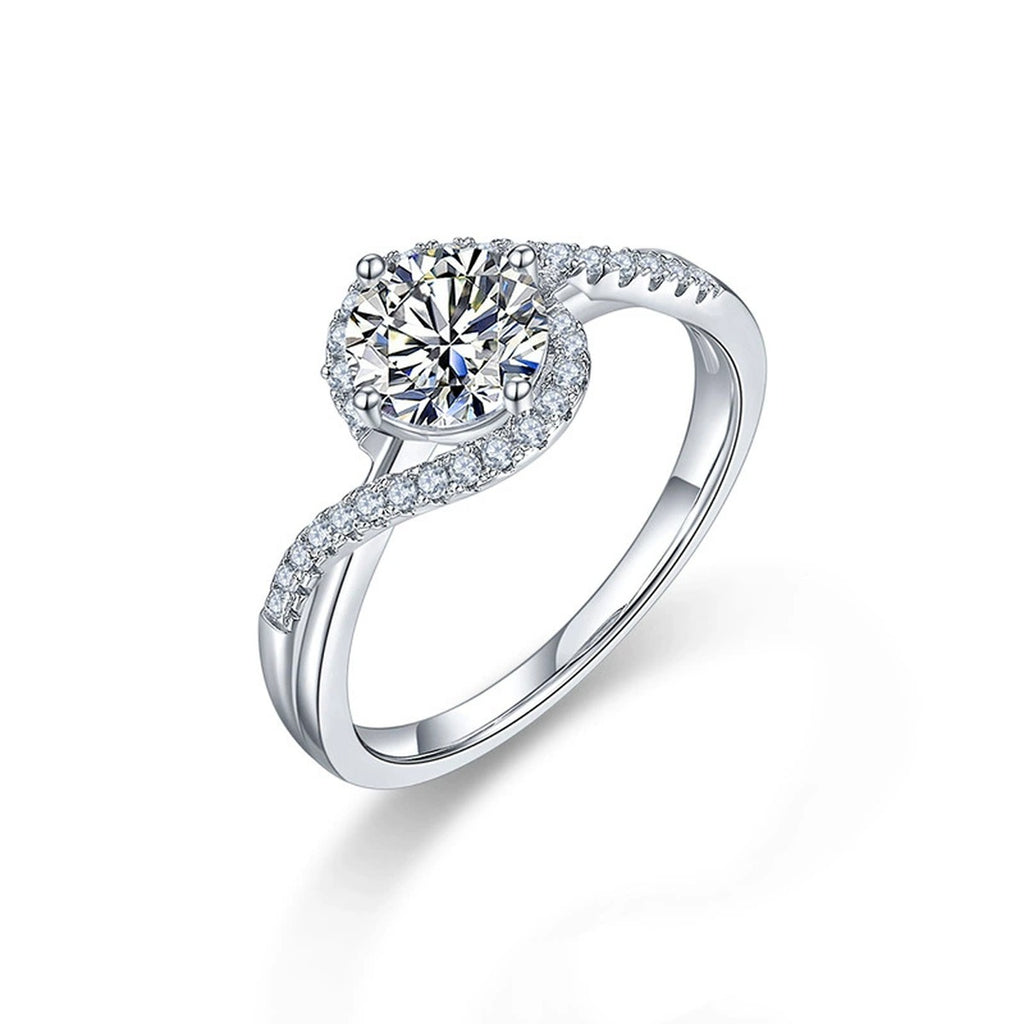 Twist Band Round Moissanite Engagement Ring with CZ in white gold-plated S925 sterling silver on clean white background