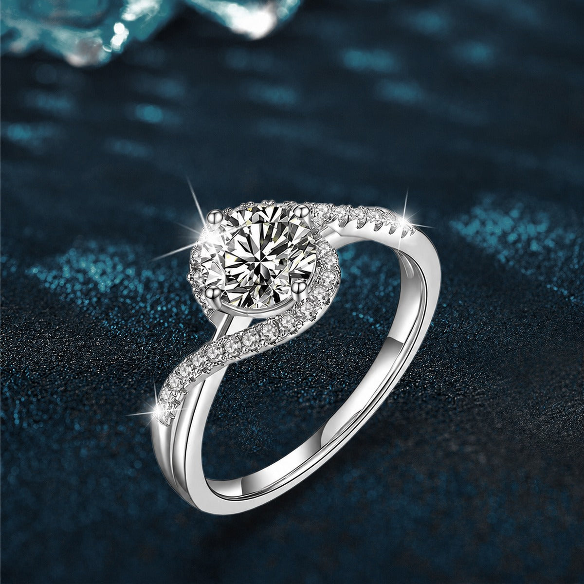 Twist Band Round Moissanite Engagement Ring with CZ close-up detail view with moissanite sparkle