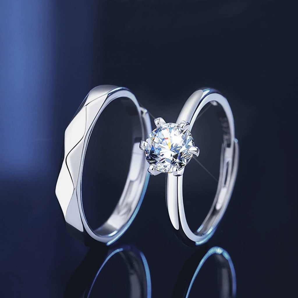 Round Moissanite Couples Wedding Rings close-up detail view with moissanite sparkle