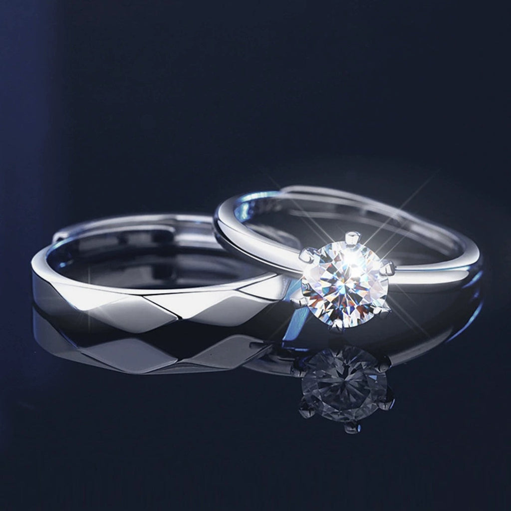 Round Moissanite Couples Wedding Rings close-up detail view with moissanite sparkle