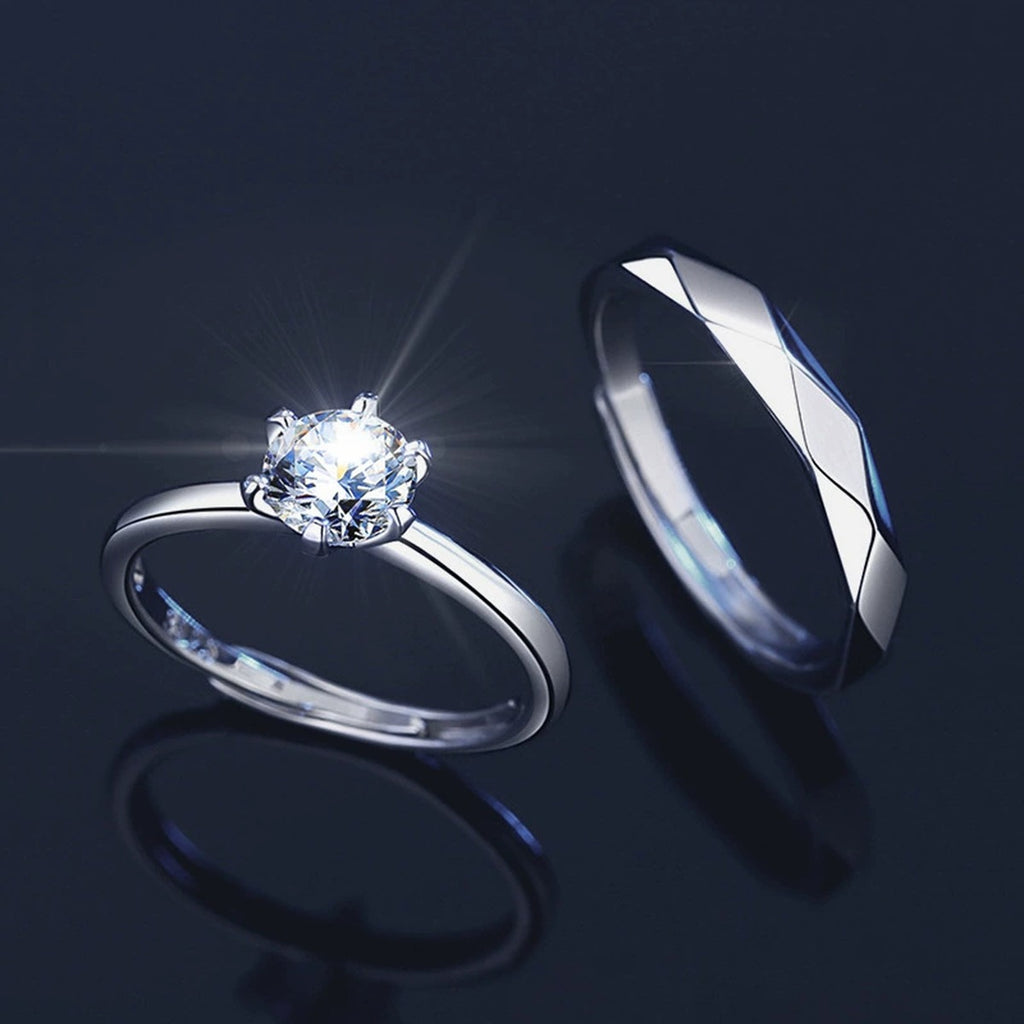 Round Moissanite Couples Wedding Rings close-up detail view with moissanite sparkle