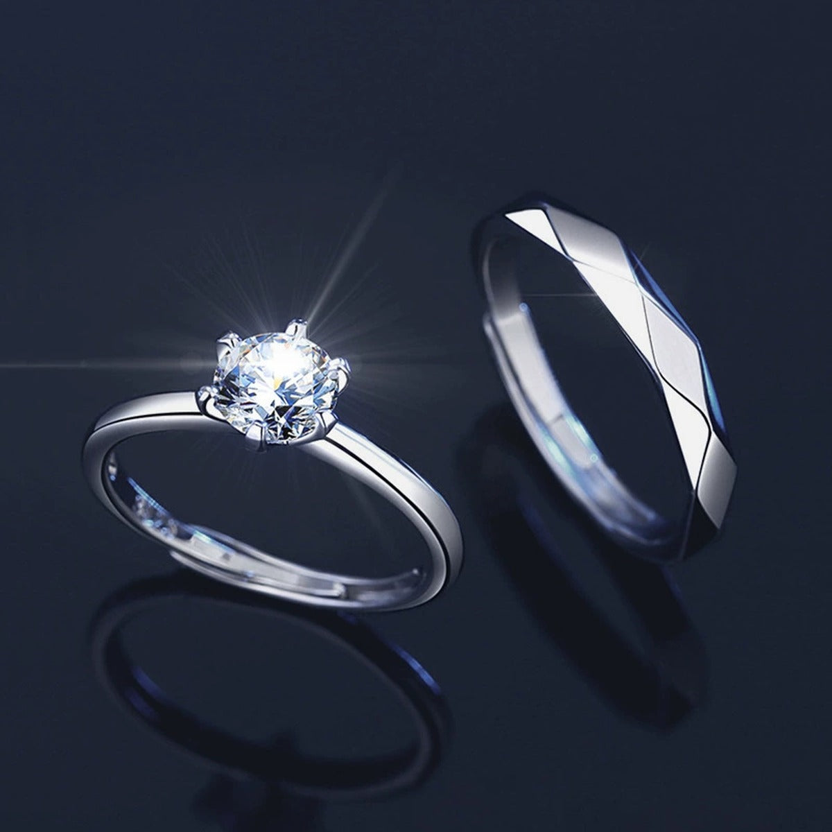 Round Moissanite Couples Wedding Rings close-up detail view with moissanite sparkle