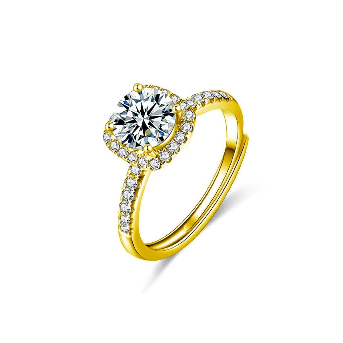 Round Moissanite Adjustable Engagement Ring in gold-plated S925 sterling silver on clean white background