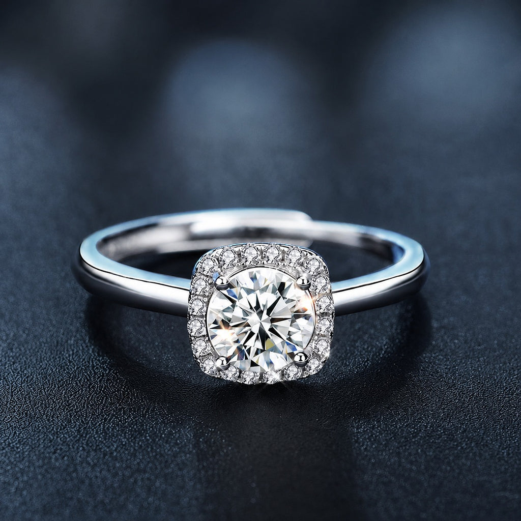 Round Moissanite Adjustable Engagement Ring close-up detail view with moissanite sparkle