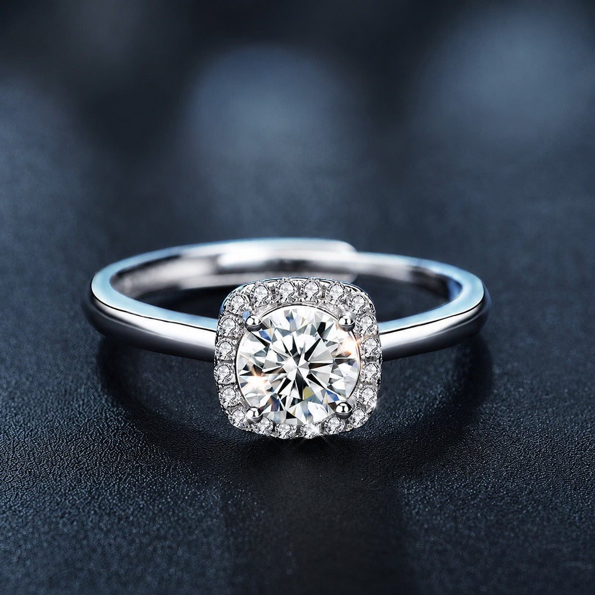 Round Moissanite Adjustable Engagement Ring close-up detail view with moissanite sparkle
