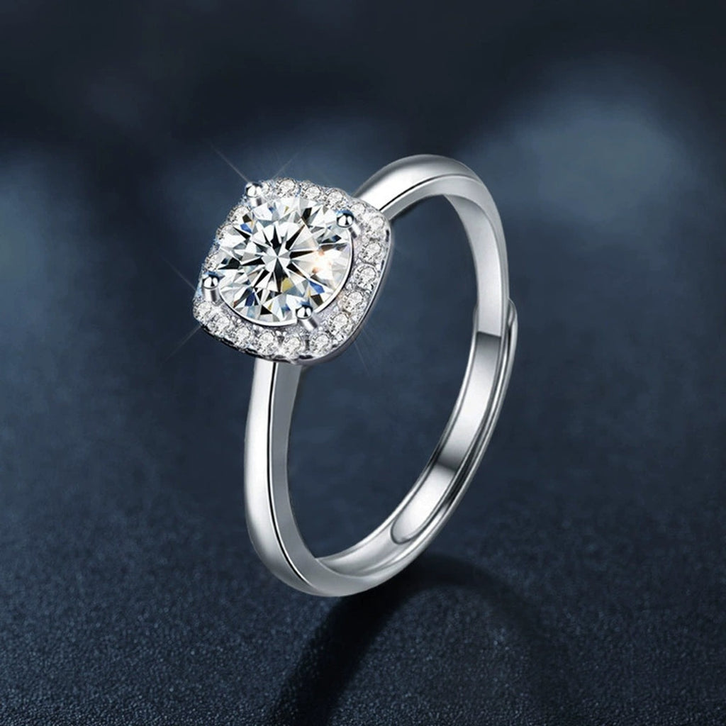 Round Moissanite Adjustable Engagement Ring close-up detail view with moissanite sparkle