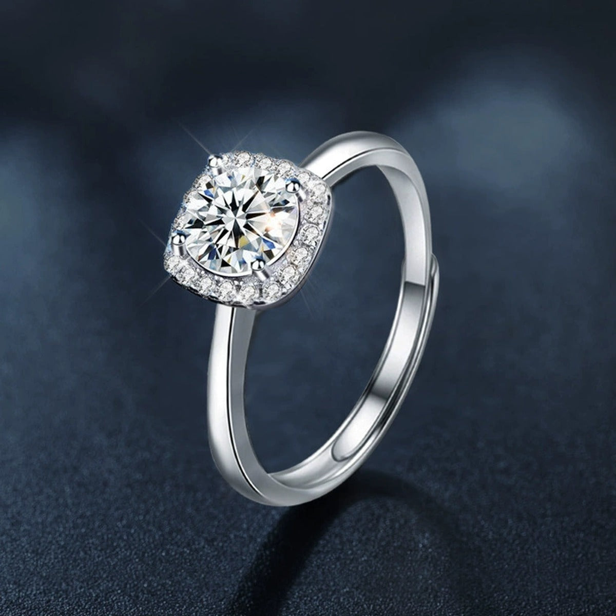Round Moissanite Adjustable Engagement Ring close-up detail view with moissanite sparkle