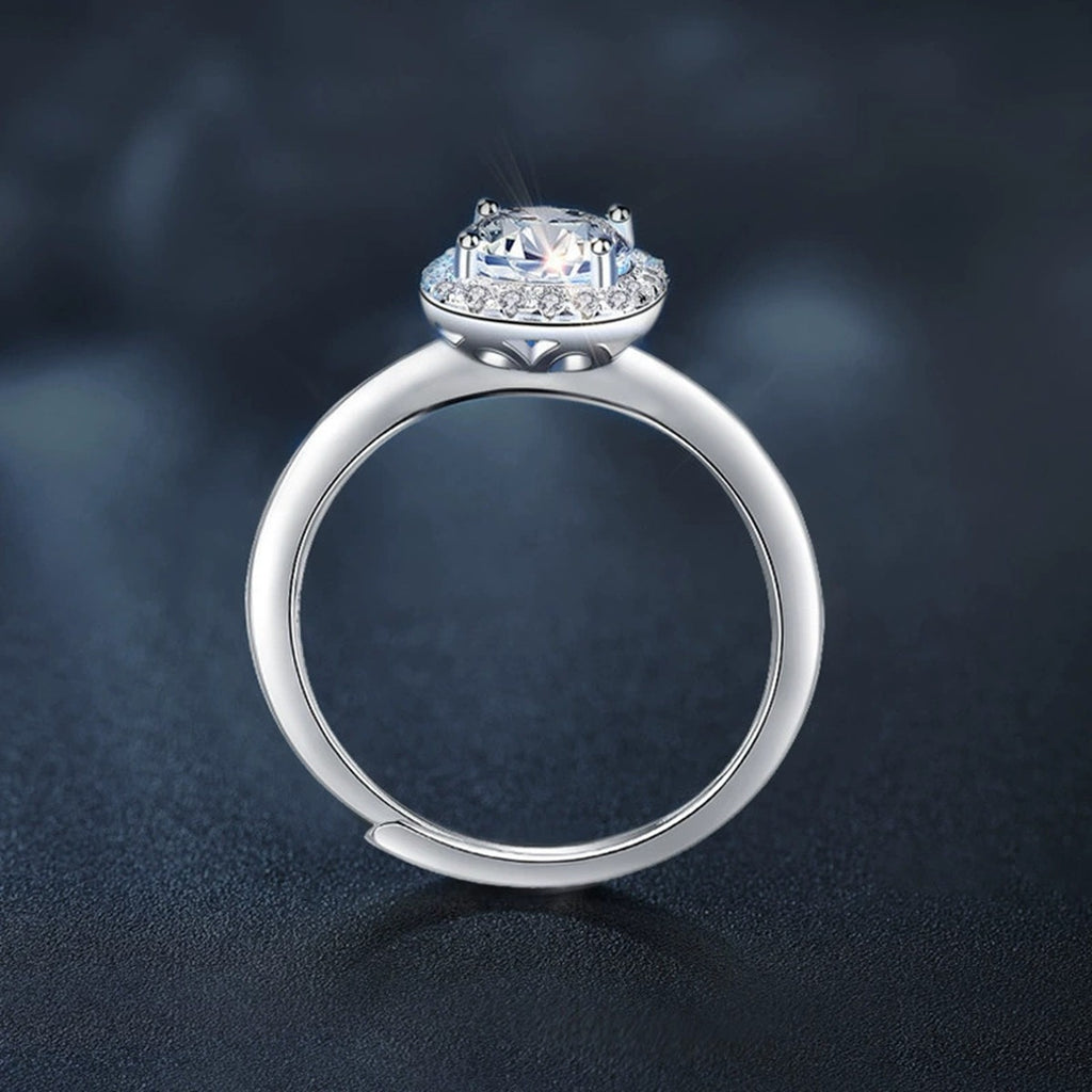 Round Moissanite Adjustable Engagement Ring close-up detail view with moissanite sparkle