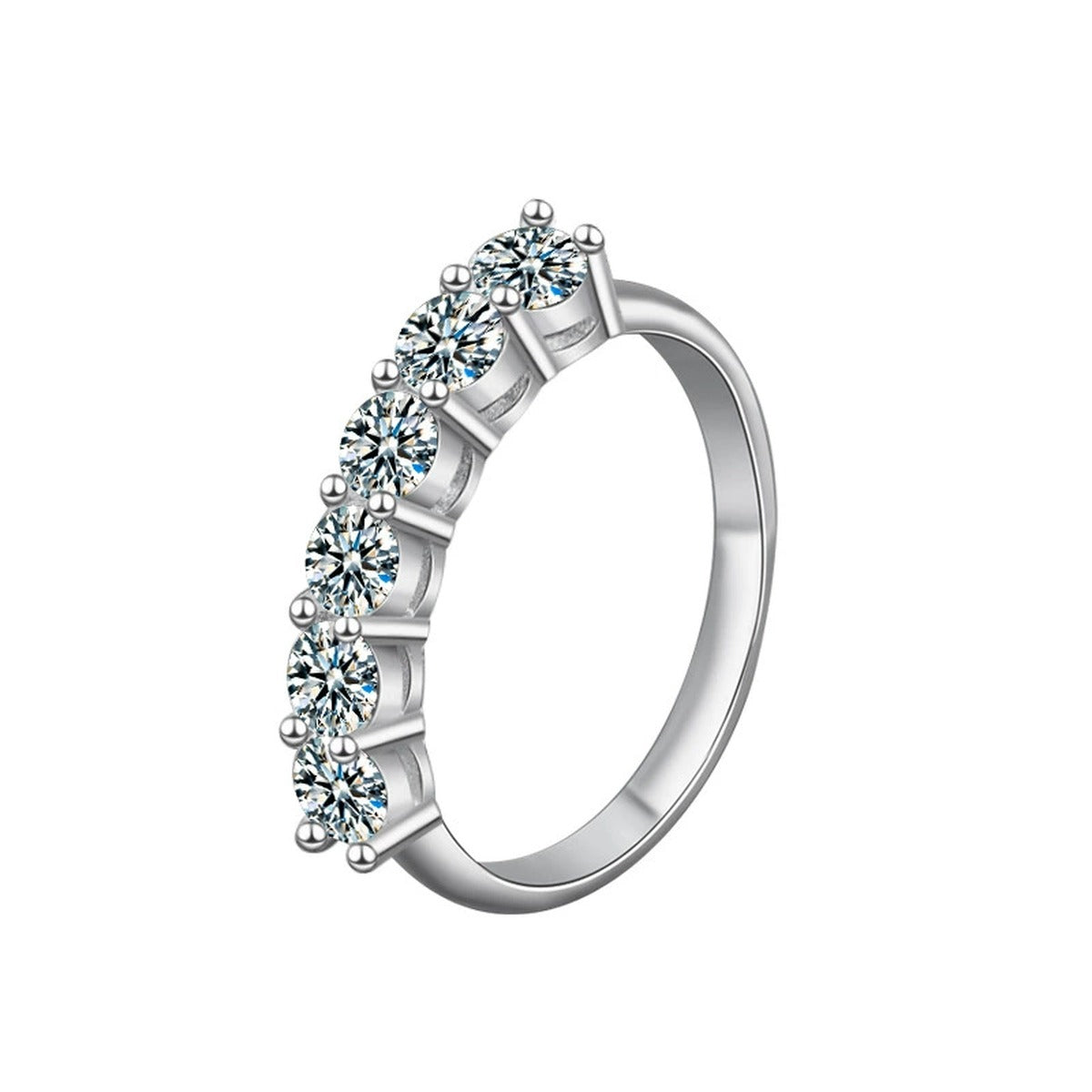 Graduated Round Moissanite Wedding Ring in white gold-plated S925 sterling silver on clean white background