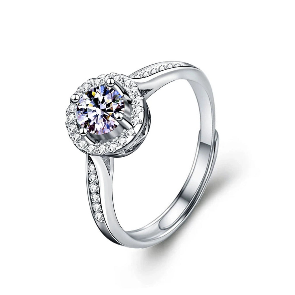 Round Halo Moissanite Adjustable Engagement Ring with CZ in gold-plated S925 sterling silver on clean white background