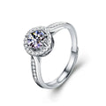 Round Halo Moissanite Adjustable Engagement Ring with CZ in gold-plated S925 sterling silver on clean white background