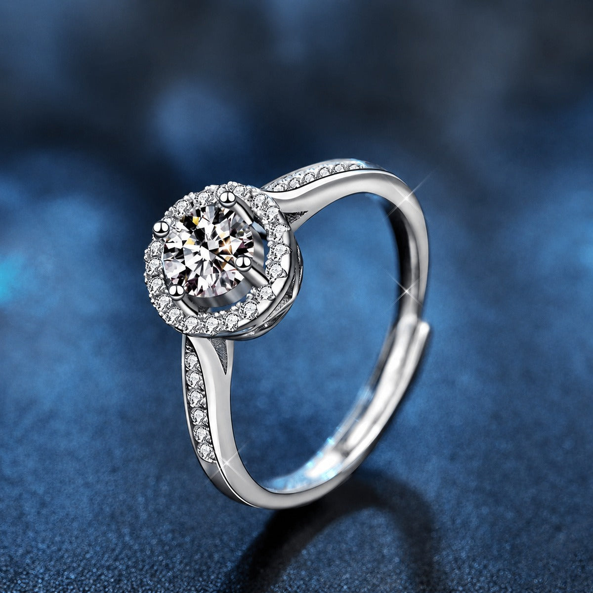 Round Halo Moissanite Adjustable Engagement Ring with CZ product view showing moissanite setting and metal finish