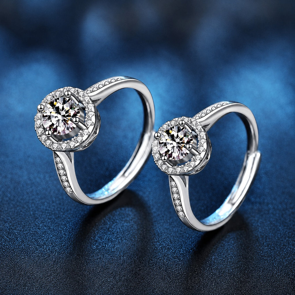 Round Halo Moissanite Adjustable Engagement Ring with CZ product view showing moissanite setting and metal finish