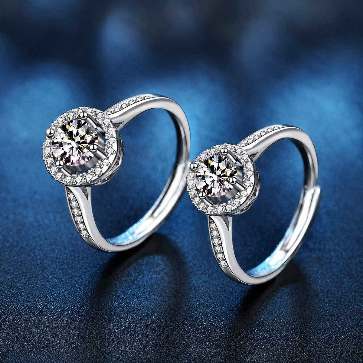 Round Halo Moissanite Adjustable Engagement Ring with CZ product view showing moissanite setting and metal finish