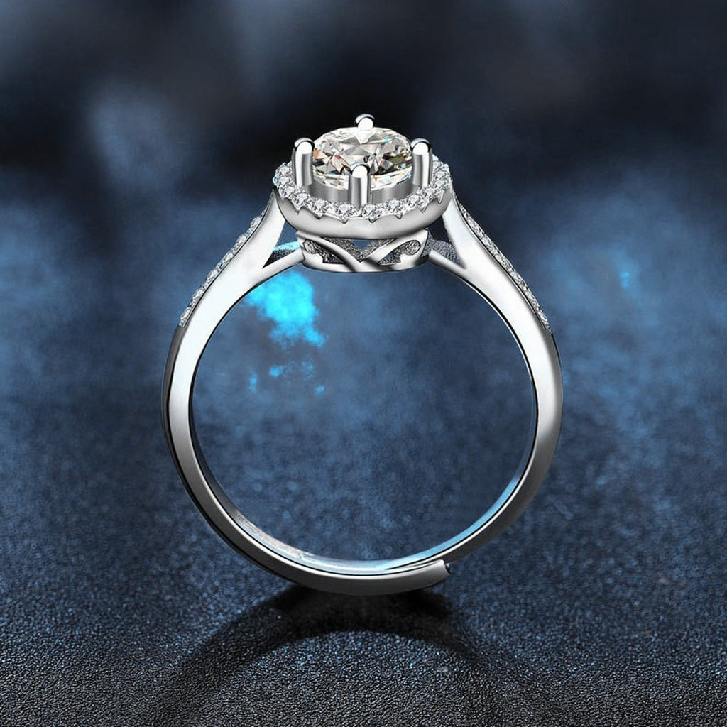 Round Halo Moissanite Adjustable Engagement Ring with CZ product view showing moissanite setting and metal finish