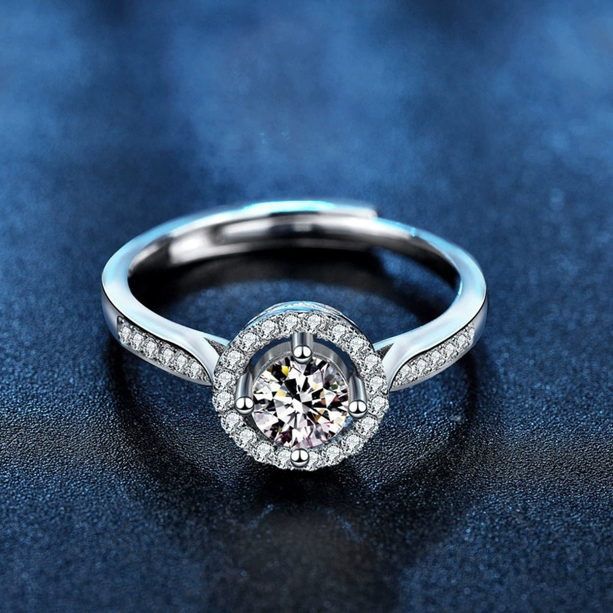 Round Halo Moissanite Adjustable Engagement Ring with CZ product view showing moissanite setting and metal finish