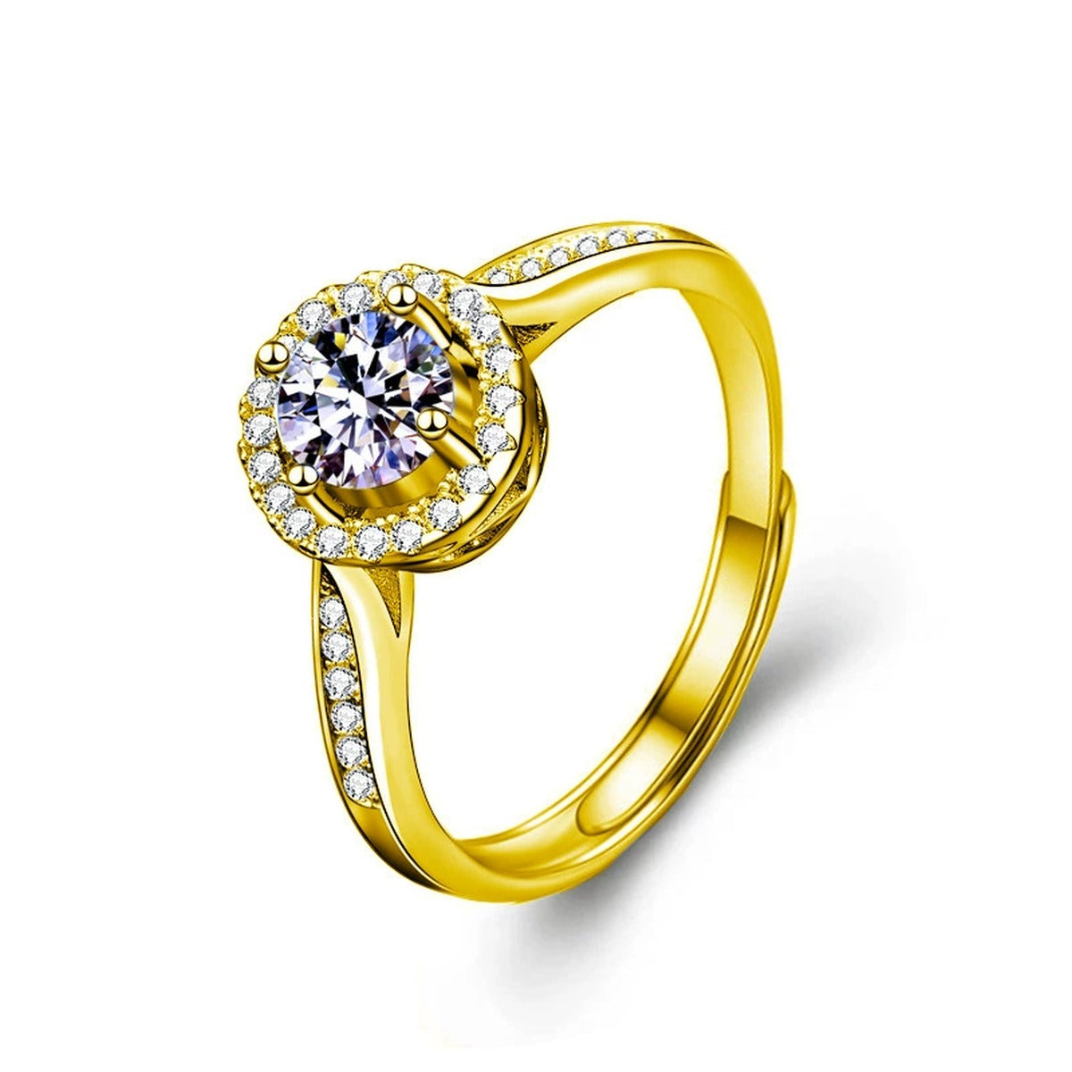 Round Halo Moissanite Adjustable Engagement Ring with CZ in gold-plated S925 sterling silver on clean white background