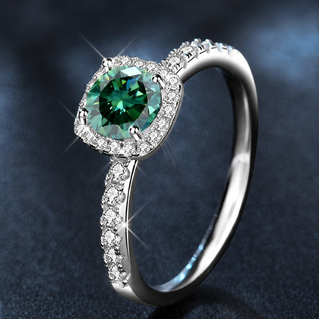 Green Round Moissanite Square Halo Engagement Ring with CZ close-up detail view with moissanite sparkle