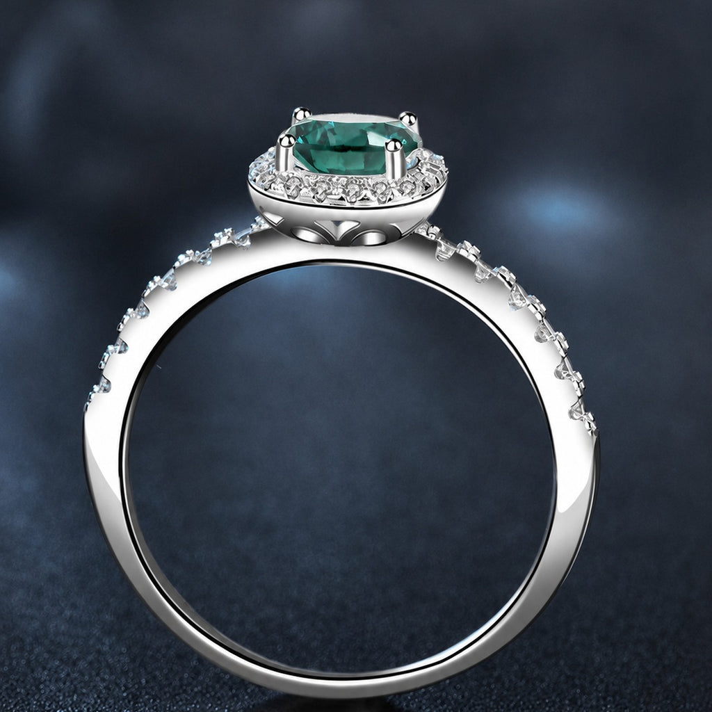 Green Round Moissanite Square Halo Engagement Ring with CZ close-up detail view with moissanite sparkle