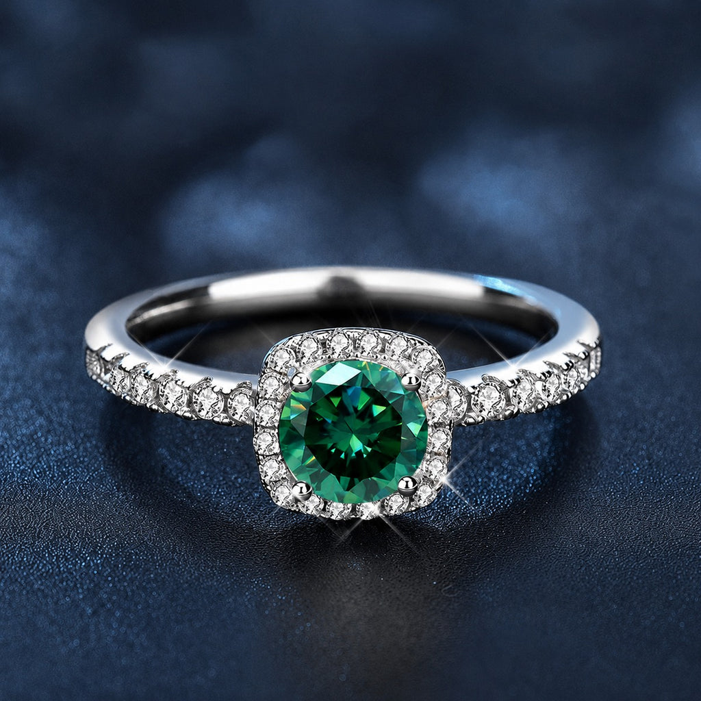 Green Round Moissanite Square Halo Engagement Ring with CZ close-up detail view with moissanite sparkle